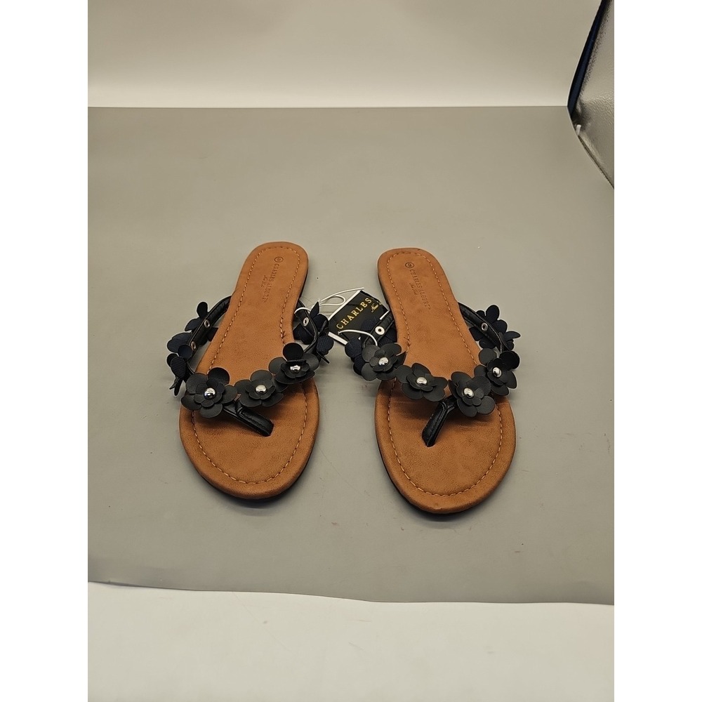 Charles Albert Slip On Black  Thong Sandals Size 9 Floral Boho Cottage Core New‎